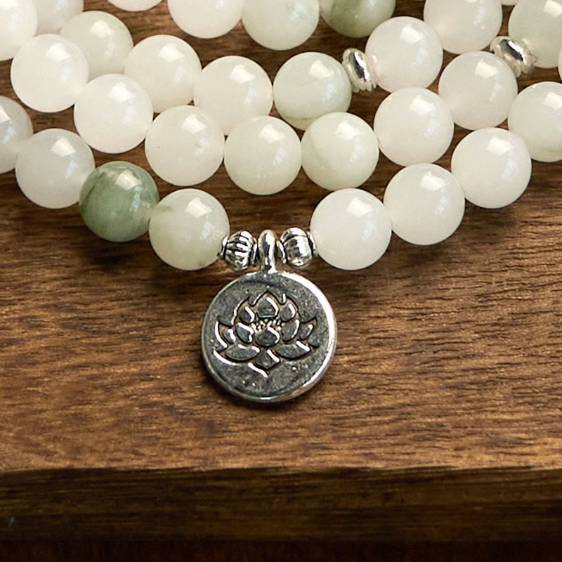 Pulsera de la suerte de loto con 108 cuentas de mala de jade Tianshan natural de Buda