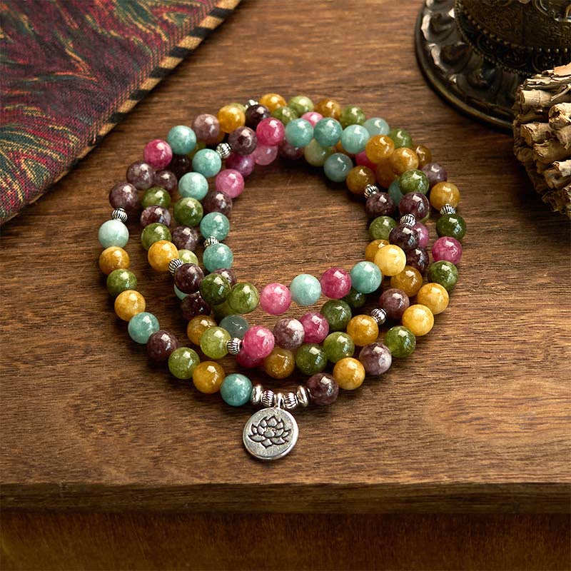 Pulsera de la sabiduría del loto con 108 cuentas de mala de turmalina natural multicapa de Buddha Stones