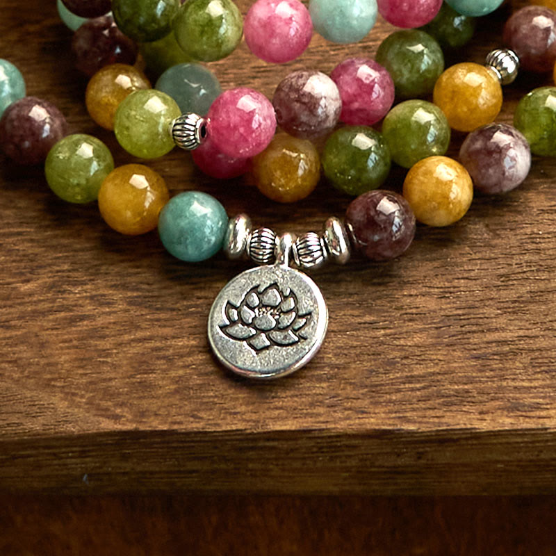 Pulsera de la sabiduría del loto con 108 cuentas de mala de turmalina natural multicapa de Buddha Stones