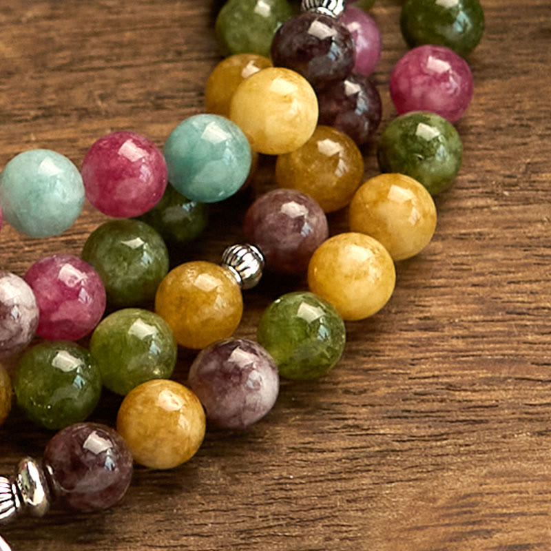 Pulsera de la sabiduría del loto con 108 cuentas de mala de turmalina natural multicapa de Buddha Stones
