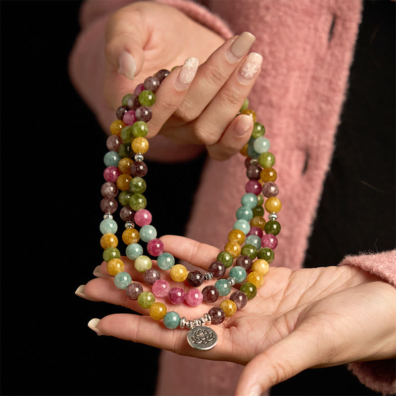 Pulsera de la sabiduría del loto con 108 cuentas de mala de turmalina natural multicapa de Buddha Stones