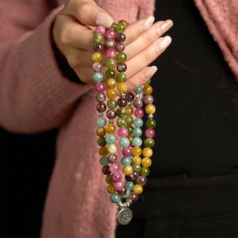 Pulsera de la sabiduría del loto con 108 cuentas de mala de turmalina natural multicapa de Buddha Stones