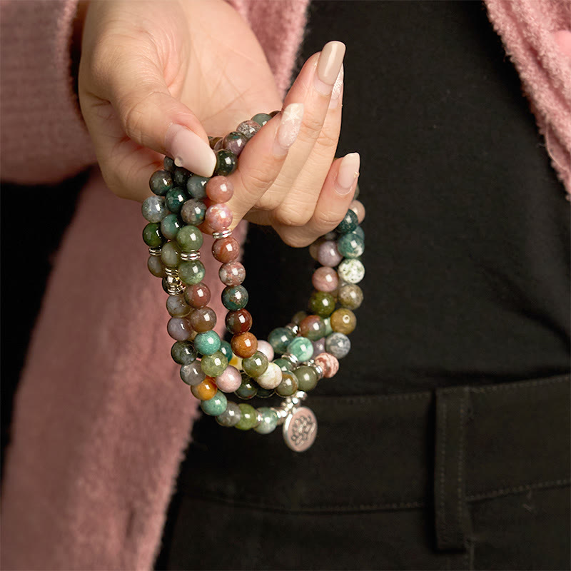 Pulsera de piedra natural con 108 cuentas de mala de Buda, ágata india y loto calmante