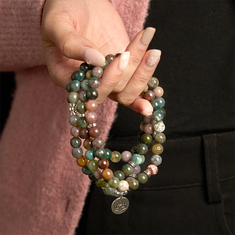 Pulsera de piedra natural con 108 cuentas de mala de Buda, ágata india y loto calmante