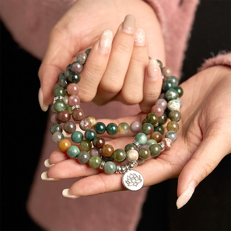 Pulsera de piedra natural con 108 cuentas de mala de Buda, ágata india y loto calmante