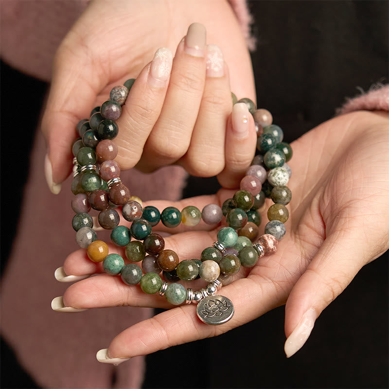 Pulsera de piedra natural con 108 cuentas de mala de Buda, ágata india y loto calmante