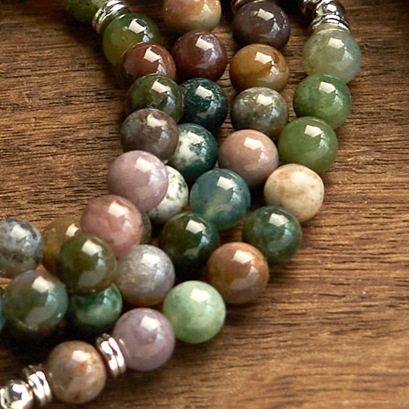 Pulsera de piedra natural con 108 cuentas de mala de Buda, ágata india y loto calmante