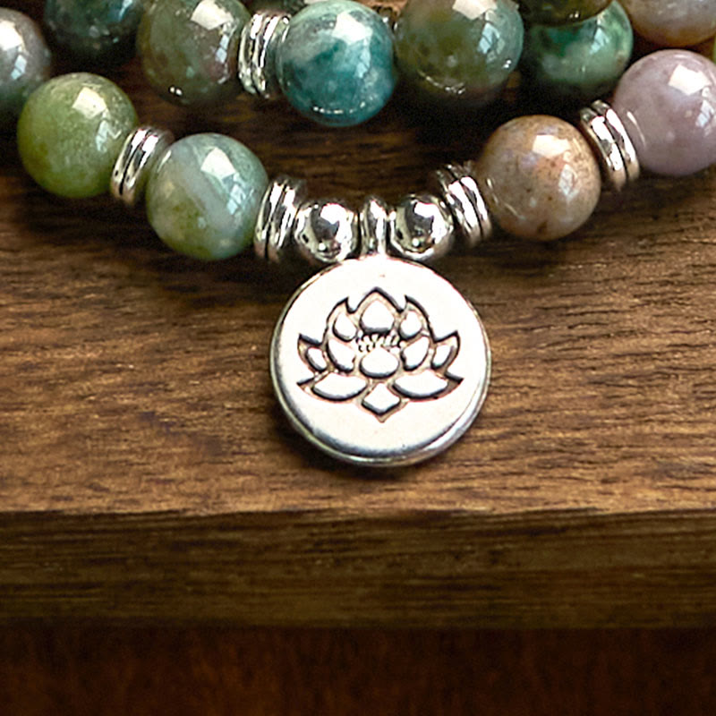 Pulsera de piedra natural con 108 cuentas de mala de Buda, ágata india y loto calmante