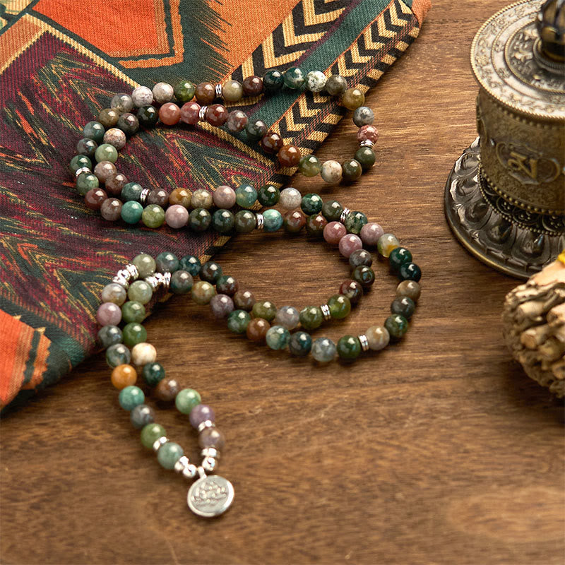 Pulsera de piedra natural con 108 cuentas de mala de Buda, ágata india y loto calmante