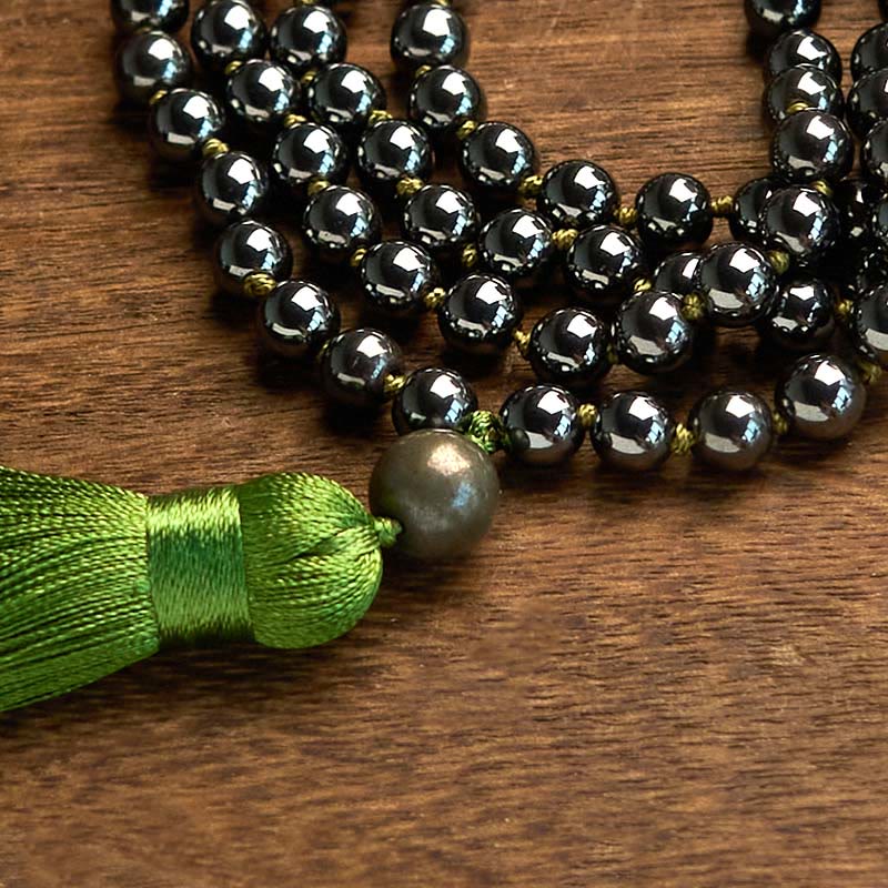 Buddha Stones 108 Mala-Perlen Naturstein Hämatit Quaste Kraftvolles Armband