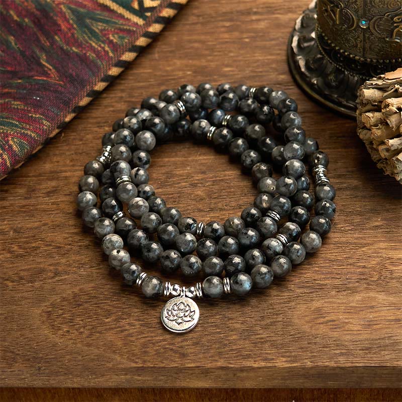 Pulsera de positividad de loto con piedras de Buda, 108 cuentas Mala multicapa, piedra negra natural brillante