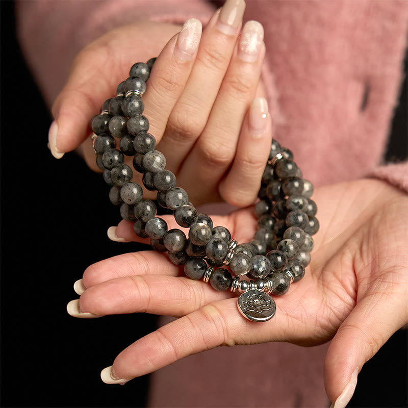 Pulsera de positividad de loto con piedras de Buda, 108 cuentas Mala multicapa, piedra negra natural brillante