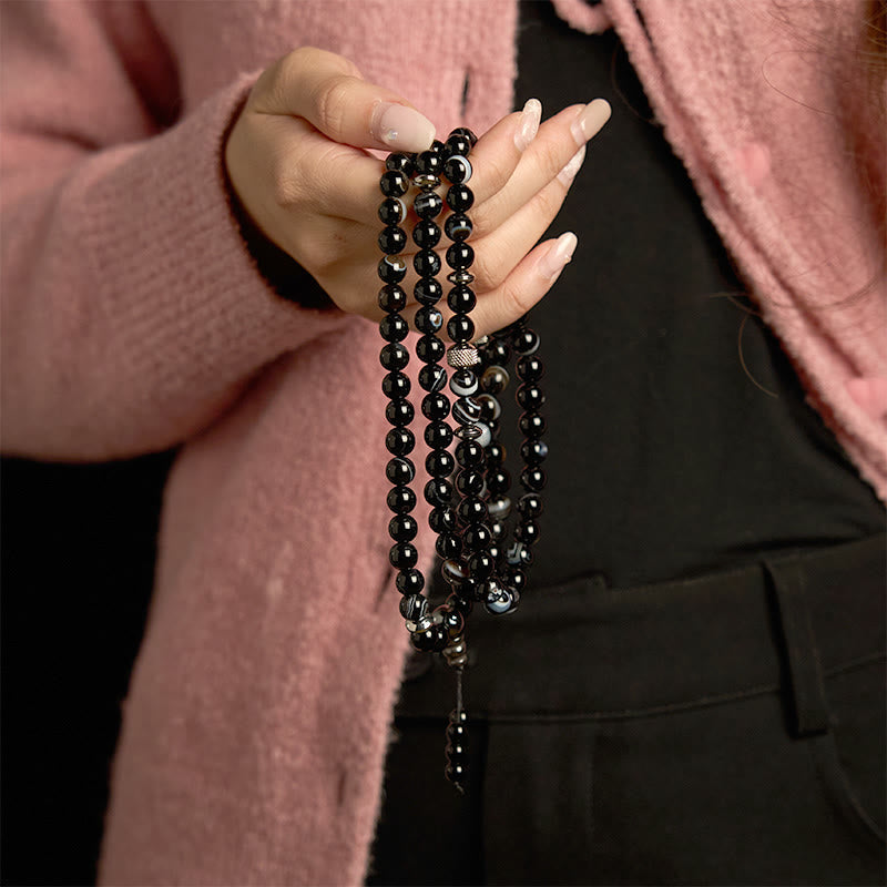 Pulsera de protección de ónix negro con 108 cuentas de mala de piedra natural de Buda