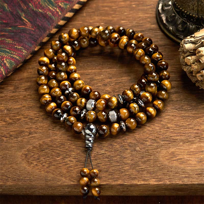 Pulsera de protección multivuelta con 108 cuentas de mala de piedra natural y ojo de tigre de Buddha Stones