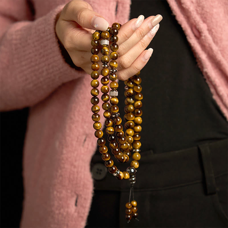 Pulsera de protección multivuelta con 108 cuentas de mala de piedra natural y ojo de tigre de Buddha Stones