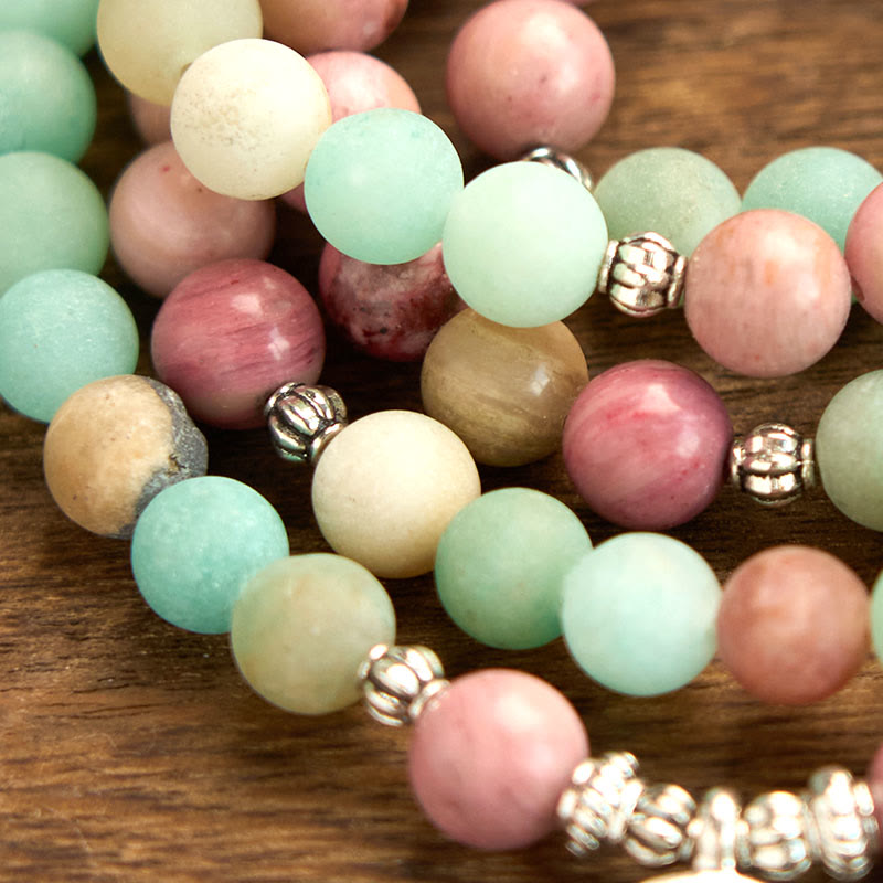 Pulsera de curación de loto con 108 cuentas de mala de rodonita y amazonita de Buddha Stones
