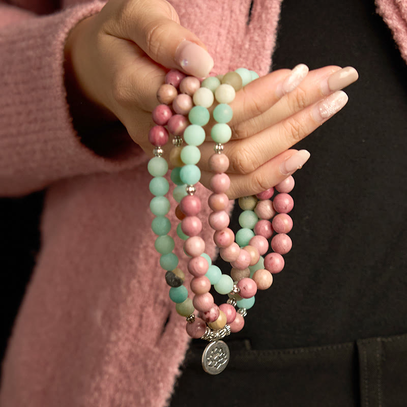 Pulsera de curación de loto con 108 cuentas de mala de rodonita y amazonita de Buddha Stones