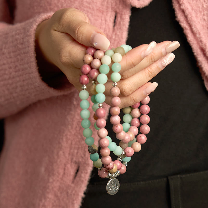 Pulsera de curación de loto con 108 cuentas de mala de rodonita y amazonita de Buddha Stones