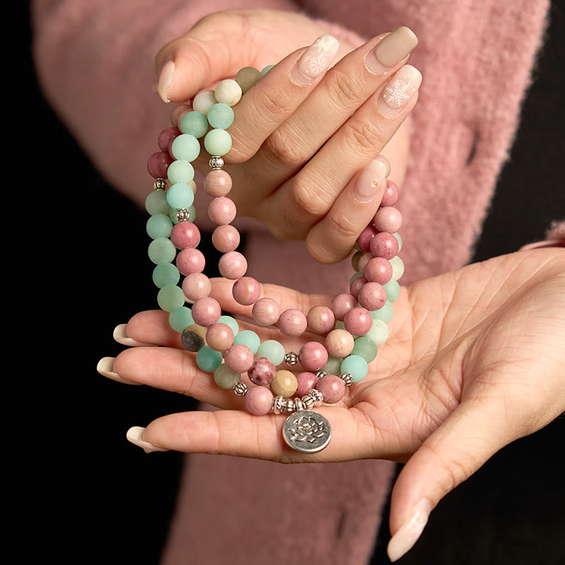 Pulsera de curación de loto con 108 cuentas de mala de rodonita y amazonita de Buddha Stones