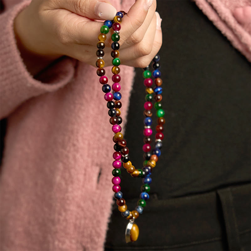 Pulsera de protección multivuelta con 108 cuentas de mala de ojo de tigre natural y colorida de Buddha Stones