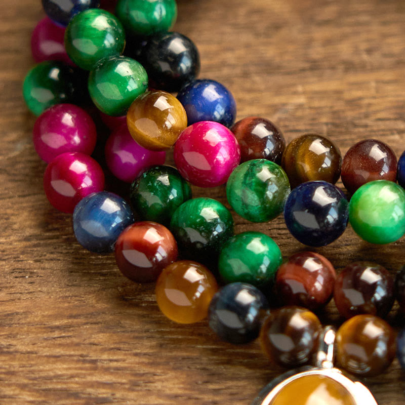 Pulsera de protección multivuelta con 108 cuentas de mala de ojo de tigre natural y colorida de Buddha Stones