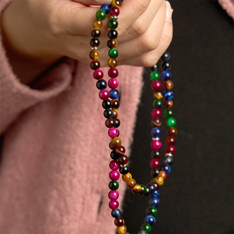 Pulsera de protección multivuelta con 108 cuentas de mala de ojo de tigre natural y colorida de Buddha Stones