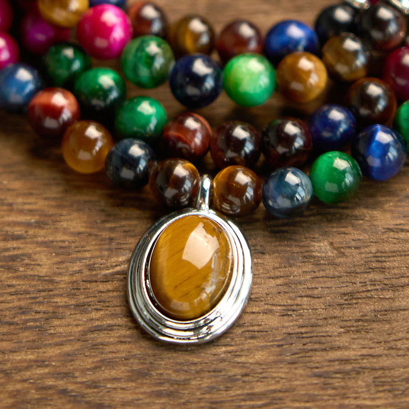 Pulsera de protección multivuelta con 108 cuentas de mala de ojo de tigre natural y colorida de Buddha Stones