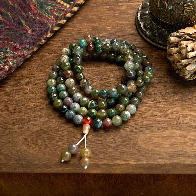 Pulsera curativa multivuelta de ágata musgosa con 108 cuentas de mala de piedra natural de Buddha Stones