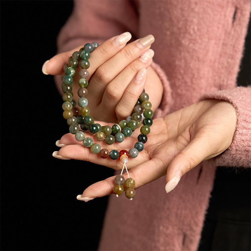 Pulsera curativa multivuelta de ágata musgosa con 108 cuentas de mala de piedra natural de Buddha Stones