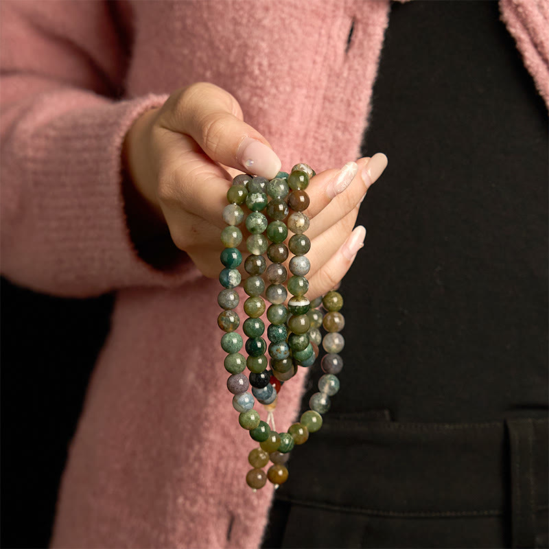 Pulsera curativa multivuelta de ágata musgosa con 108 cuentas de mala de piedra natural de Buddha Stones