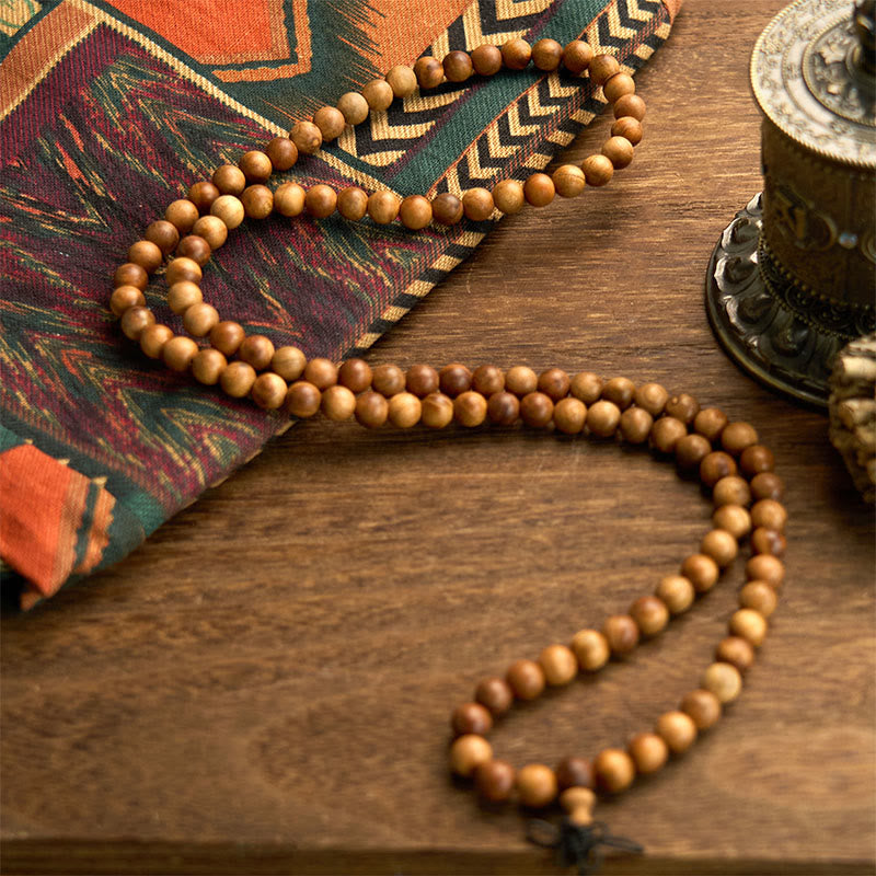 Pulsera de protección de madera de durazno con 108 cuentas de mala de Buda, con efecto rayo, pulida a mano