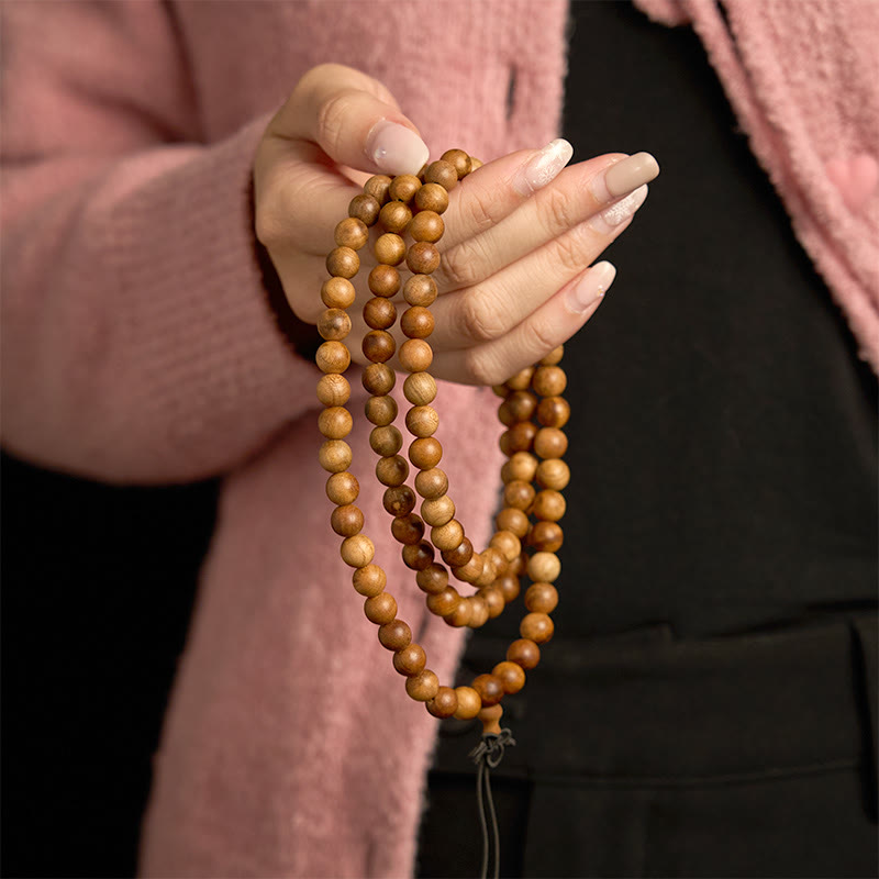 Pulsera de protección de madera de durazno con 108 cuentas de mala de Buda, con efecto rayo, pulida a mano