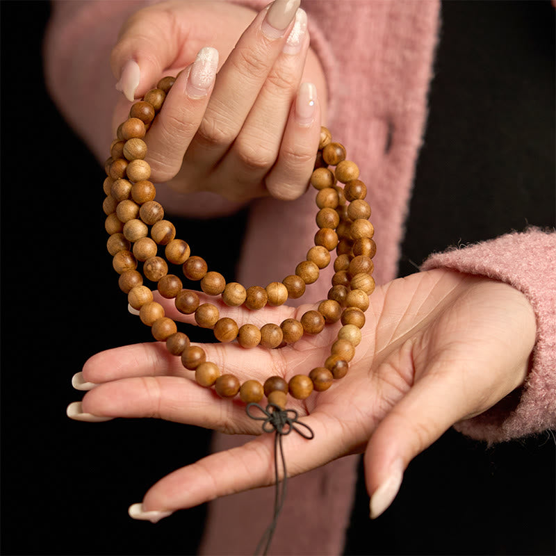 Pulsera de protección de madera de durazno con 108 cuentas de mala de Buda, con efecto rayo, pulida a mano
