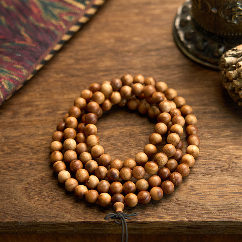 Pulsera de protección de madera de durazno con 108 cuentas de mala de Buda, con efecto rayo, pulida a mano