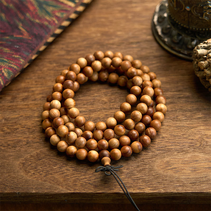 Pulsera de protección de madera de durazno con 108 cuentas de mala de Buda, con efecto rayo, pulida a mano