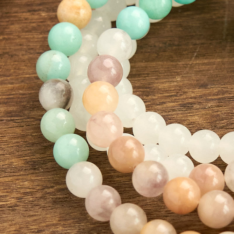 Pulsera curativa con 108 cuentas de mala de jade blanco natural y amazonita con borla blanca