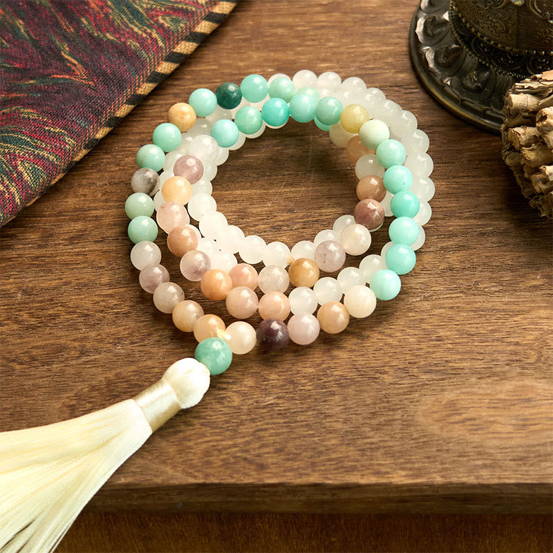 Pulsera curativa con 108 cuentas de mala de jade blanco natural y amazonita con borla blanca