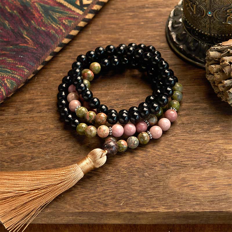 Pulsera curativa con borlas color caqui y rodonita de jaspe negro con 108 cuentas de mala de Buda