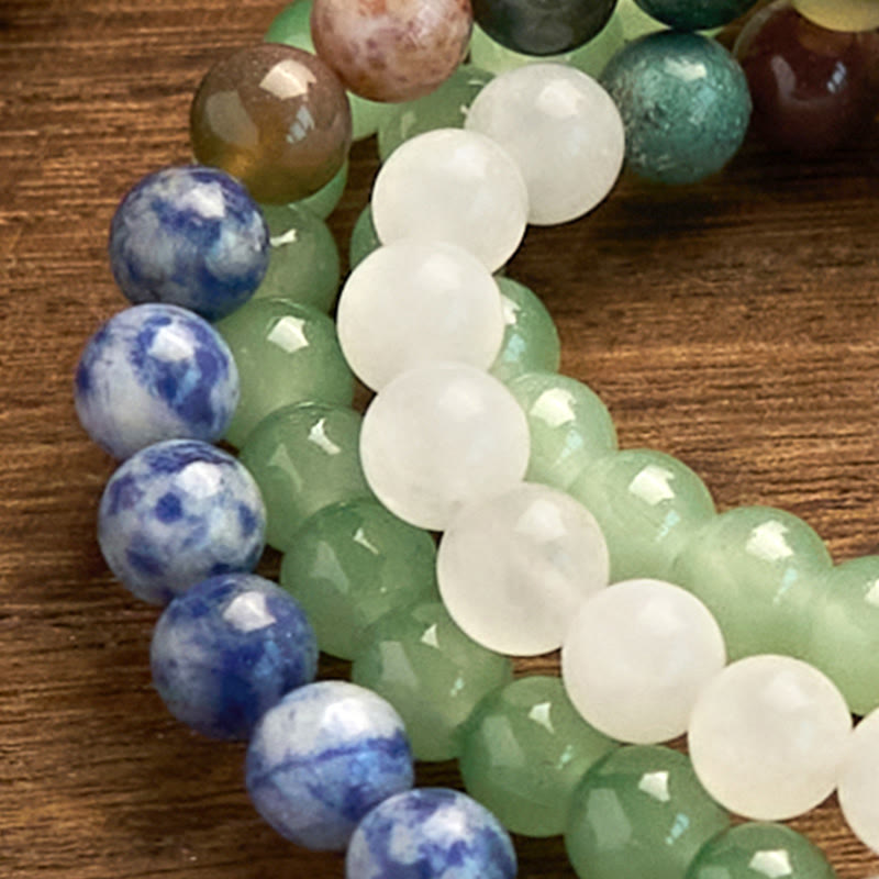 Pulsera de la suerte con 108 cuentas de mala, aventurina verde natural, jaspe azul, ágata india y borla verde.