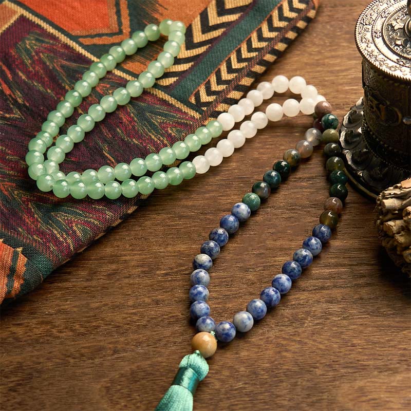 Pulsera de la suerte con 108 cuentas de mala, aventurina verde natural, jaspe azul, ágata india y borla verde.