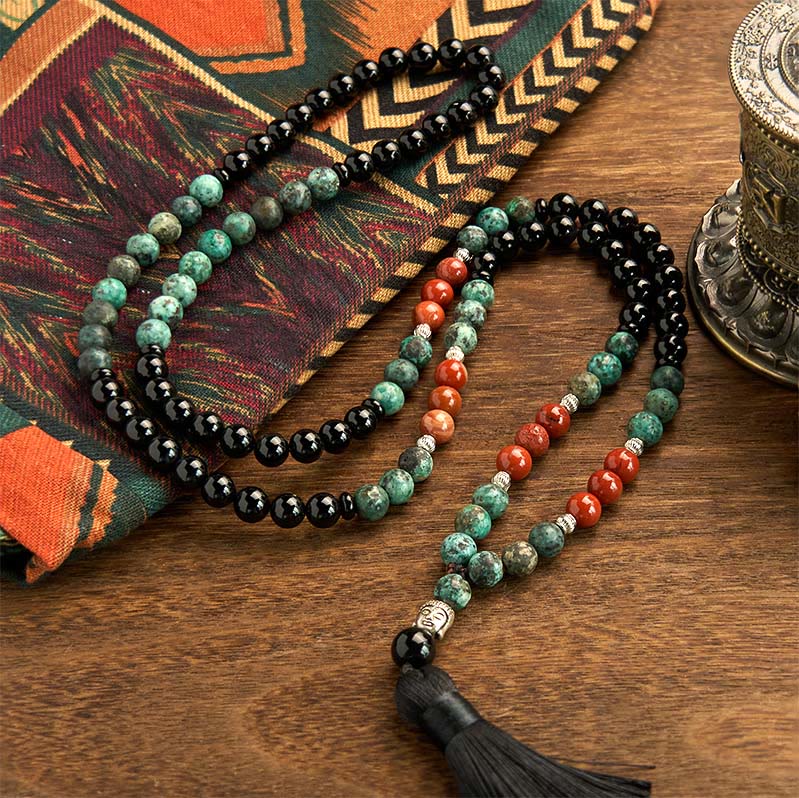 Pulsera de protección con borlas y cabeza de Buda, 108 Malas, ónix negro natural, jaspe rojo, cuentas turquesas