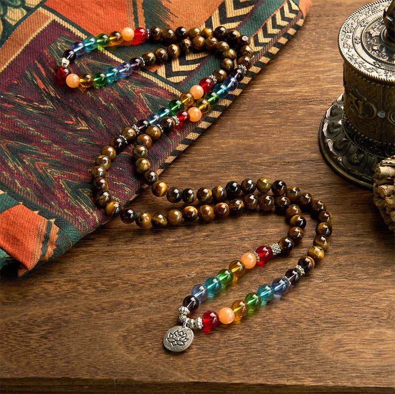 Pulsera de protección de loto con 108 cuentas de mala de piedra natural y ojo de tigre de colores.