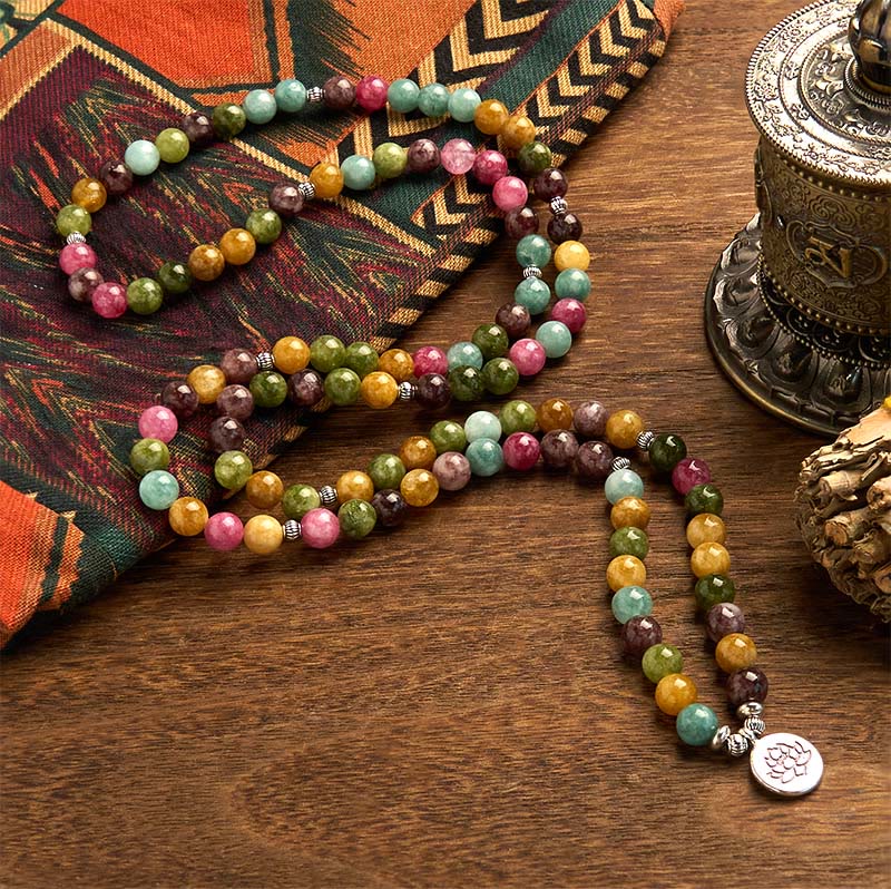 Pulsera de la sabiduría del loto con 108 cuentas de mala de turmalina natural multicapa de Buddha Stones