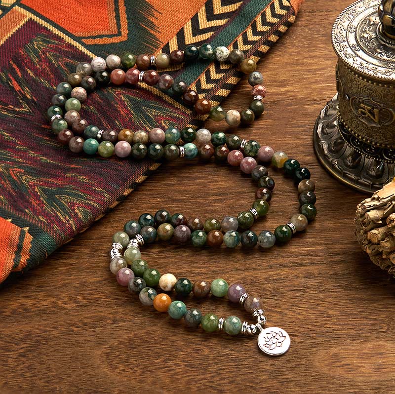 Pulsera de piedra natural con 108 cuentas de mala de Buda, ágata india y loto calmante
