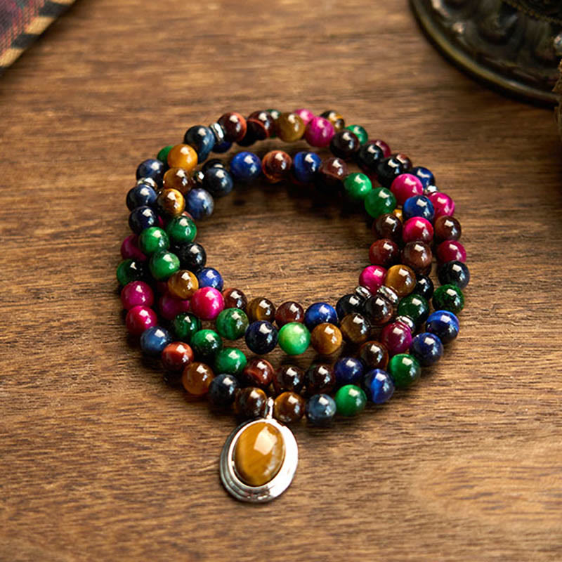 Pulsera de protección multivuelta con 108 cuentas de mala de ojo de tigre natural y colorida de Buddha Stones