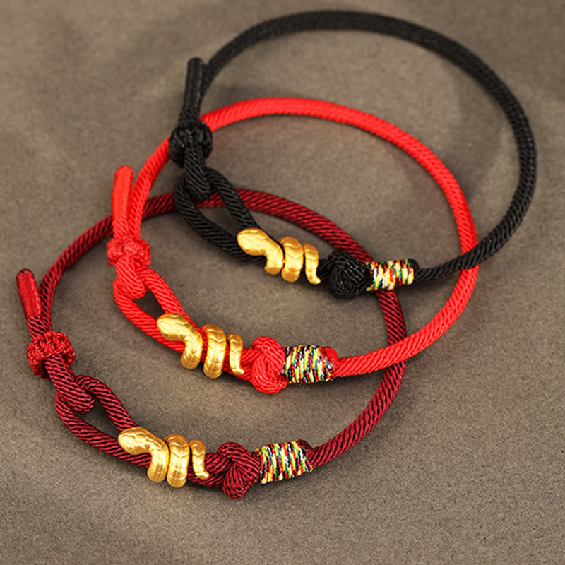 Buddha Stones 999 Gold Year of the Snake Design Handmade Luck Protection Rope Braided Bracelet