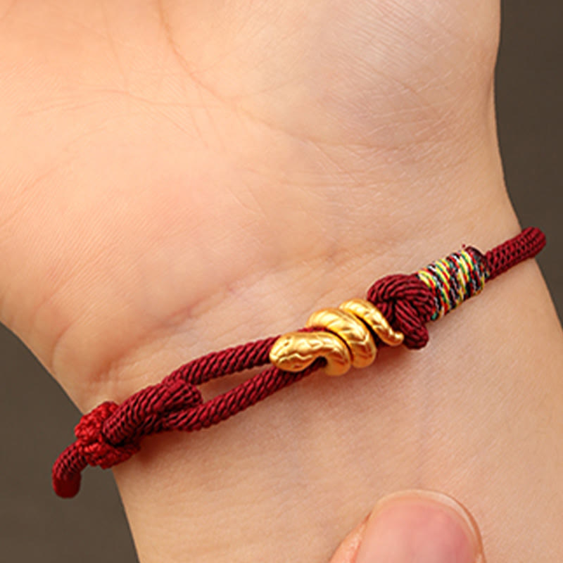 Buddha Stones 999 Gold Year of the Snake Design Handmade Luck Protection Rope Braided Bracelet