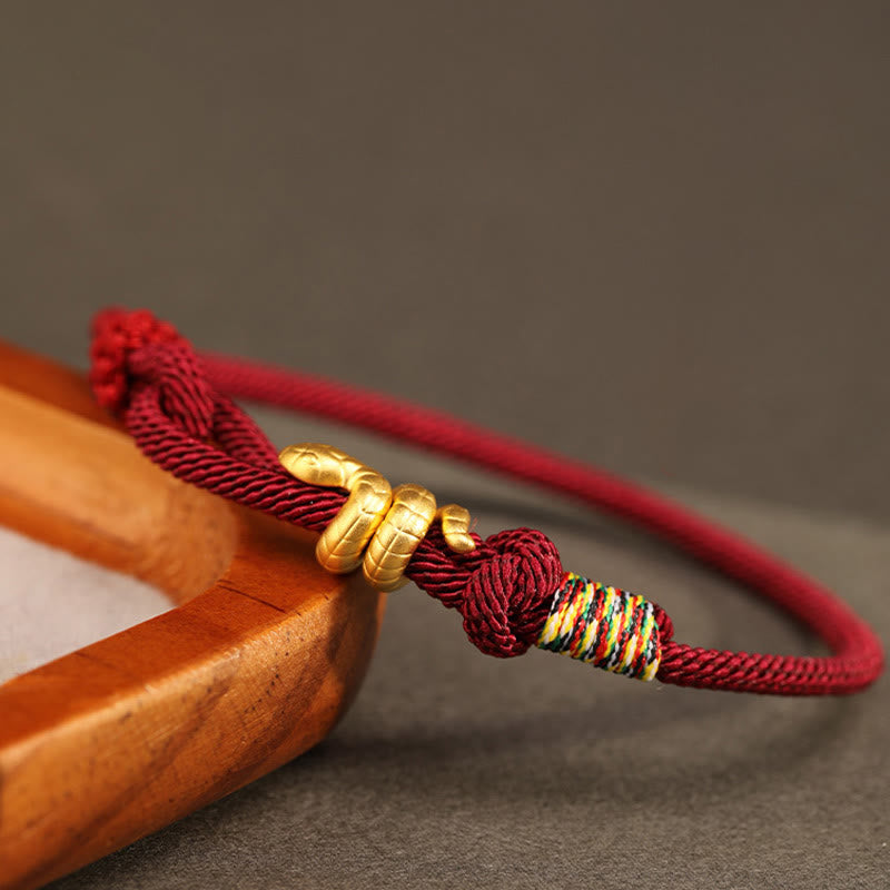 Buddha Stones 999 Gold Year of the Snake Design Handmade Luck Protection Rope Braided Bracelet