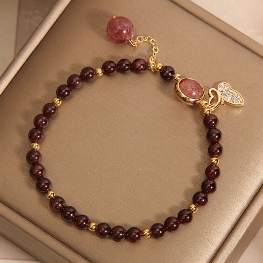 Buddha Stones Natural Garnet Strawberry Quartz Butterfly Protection Bracelet