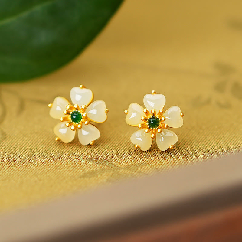 Pendientes de plata de ley 925 con piedras de Buda, jade hetiano, calcedonia verde y flor de durazno.